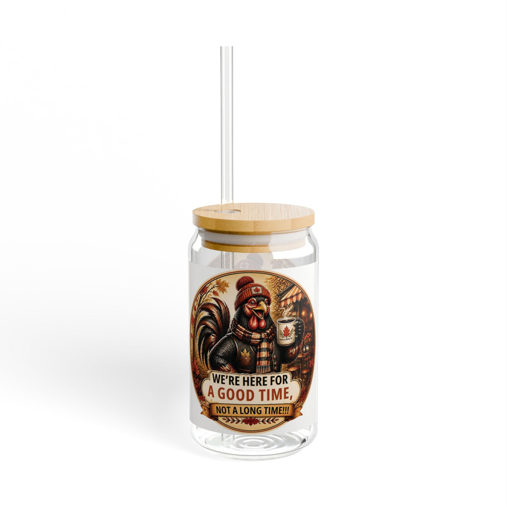 Rooster Retro Sipper Glass (16oz) – “We’re Here For A Good Time” Insulated Jar with Straw