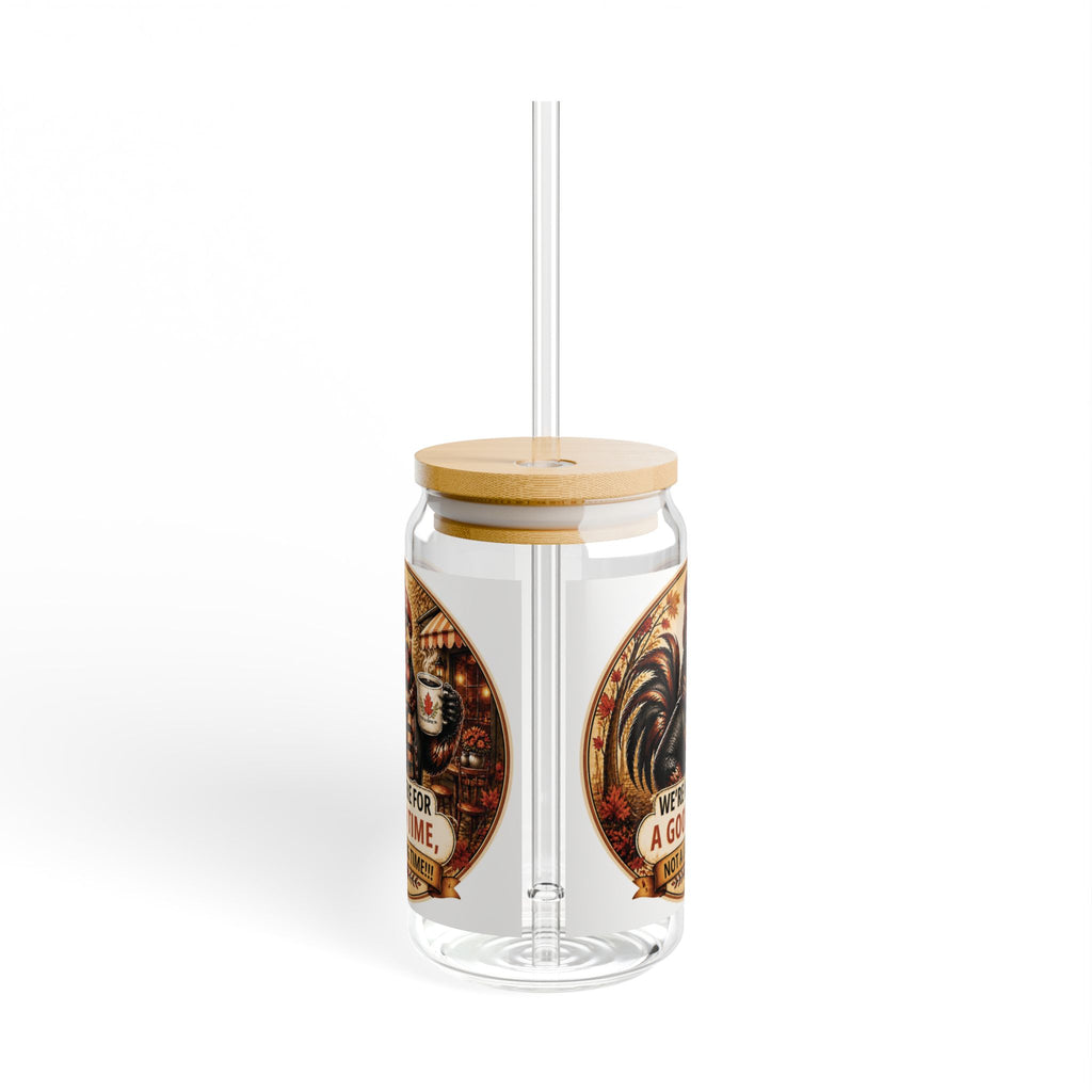 Rooster Retro Sipper Glass (16oz) – “We’re Here For A Good Time” Insulated Jar with Straw