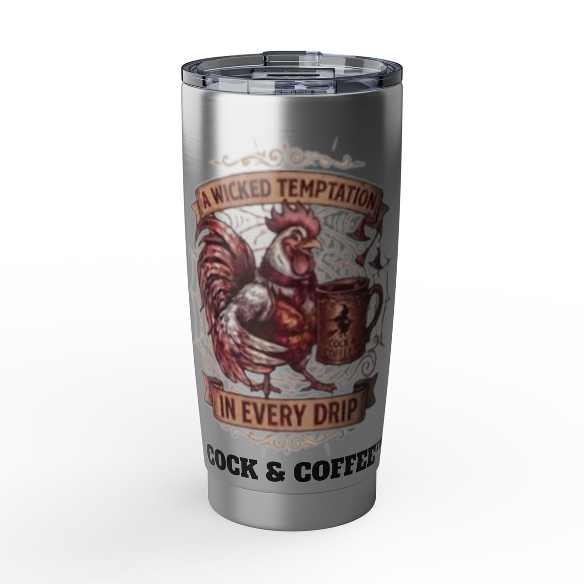 Rooster Coffee Tumbler — "A Wicked Temptation in Every Drip" 20oz Stainless Travel Mug